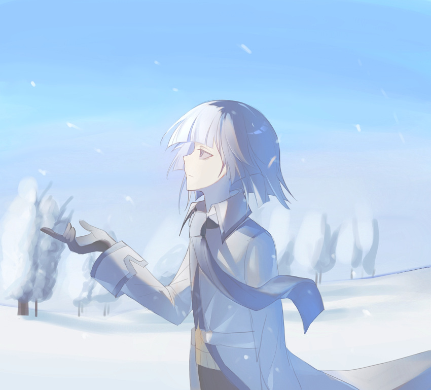1boy, belt, black_gloves, black_necktie, black_pants, blue_eyes, chinese_commentary, closed_mouth