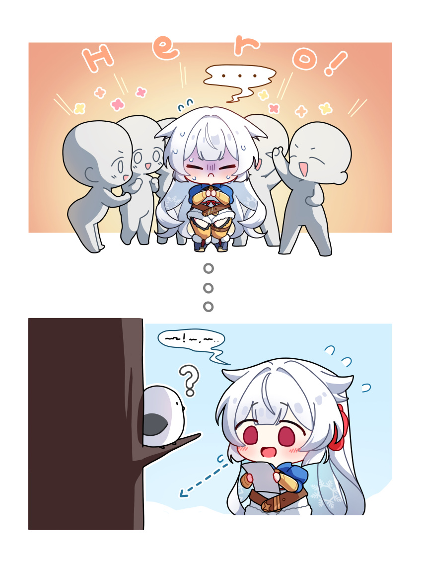 ..., 1girl, 5others, ?, absurdres, arm_guards, bird, blue_boots, blue_shrug, boots, commentary, english_text, flower, flying_sweatdrops, fur-trimmed_boots, fur-trimmed_leotard, fur_trim, fuyuka_(stella_sora), gloom_(expression), hair_flaps, hair_flower, hair_ornament, highres, holding, holding_paper, leotard, multiple_others, nervous_sweating, own_hands_together, paper, red_eyes, shrug_(clothing), solid_eyes, solo_focus, spoken_ellipsis, spoken_question_mark, stella_sora, sweat, tit_(bird), uz_(uzru0428), white_hair, white_leotard, yellow_leggings