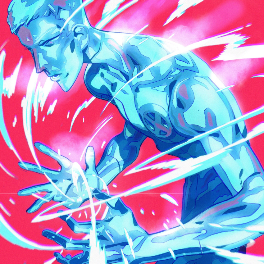 1boy, blue_hair, blue_skin, collarbone, colored_skin, commentary, cryokinesis, english_commentary