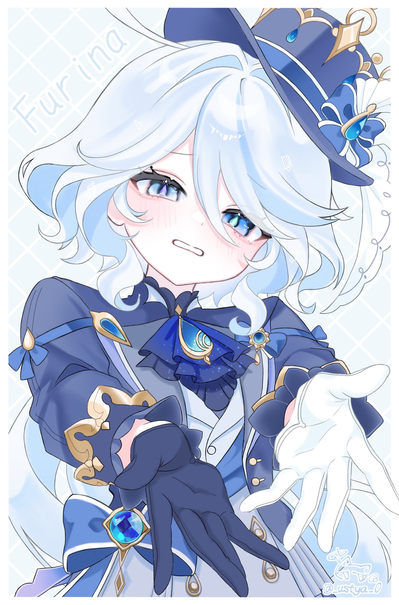 1girl, ahoge, ascot, asymmetrical_gloves, black_gloves, blue_ascot, blue_bow, blue_eyes