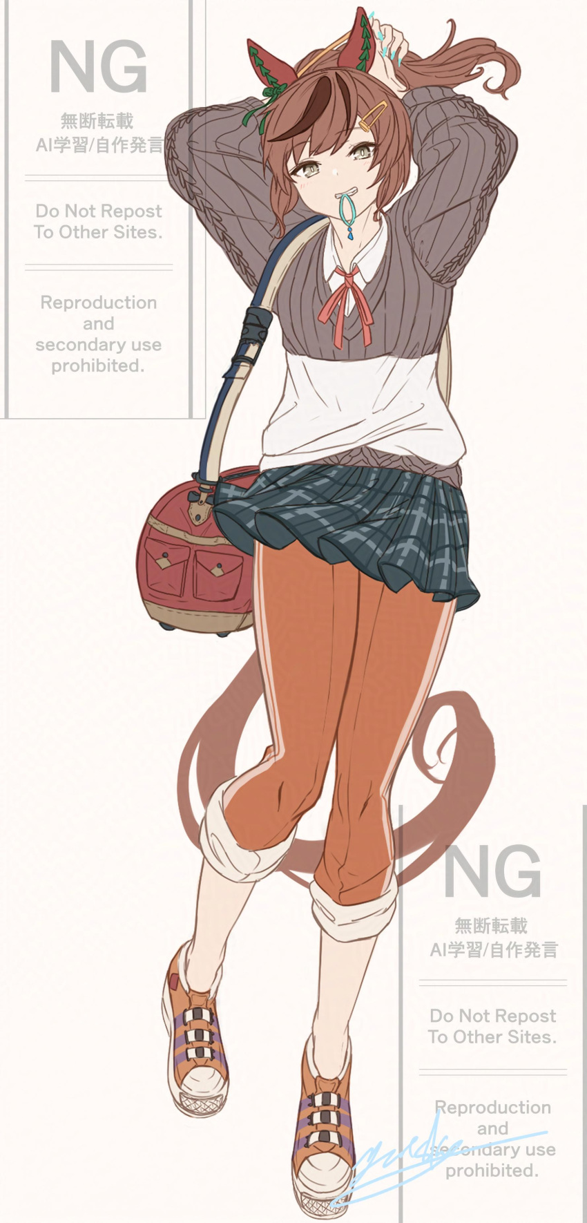1girl, absurdres, alternate_costume, animal_ears, bag, blue_nails, blue_skirt, bow
