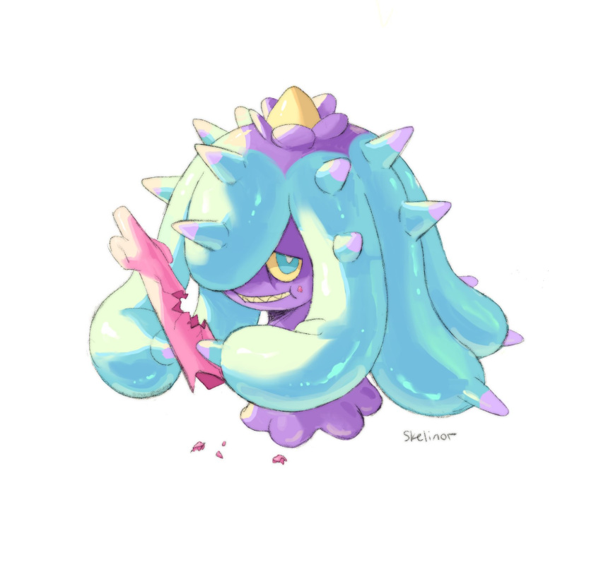 aqua_eyes, artist_name, bright_pupils, colored_sclera, commentary, corsola, crack, eating