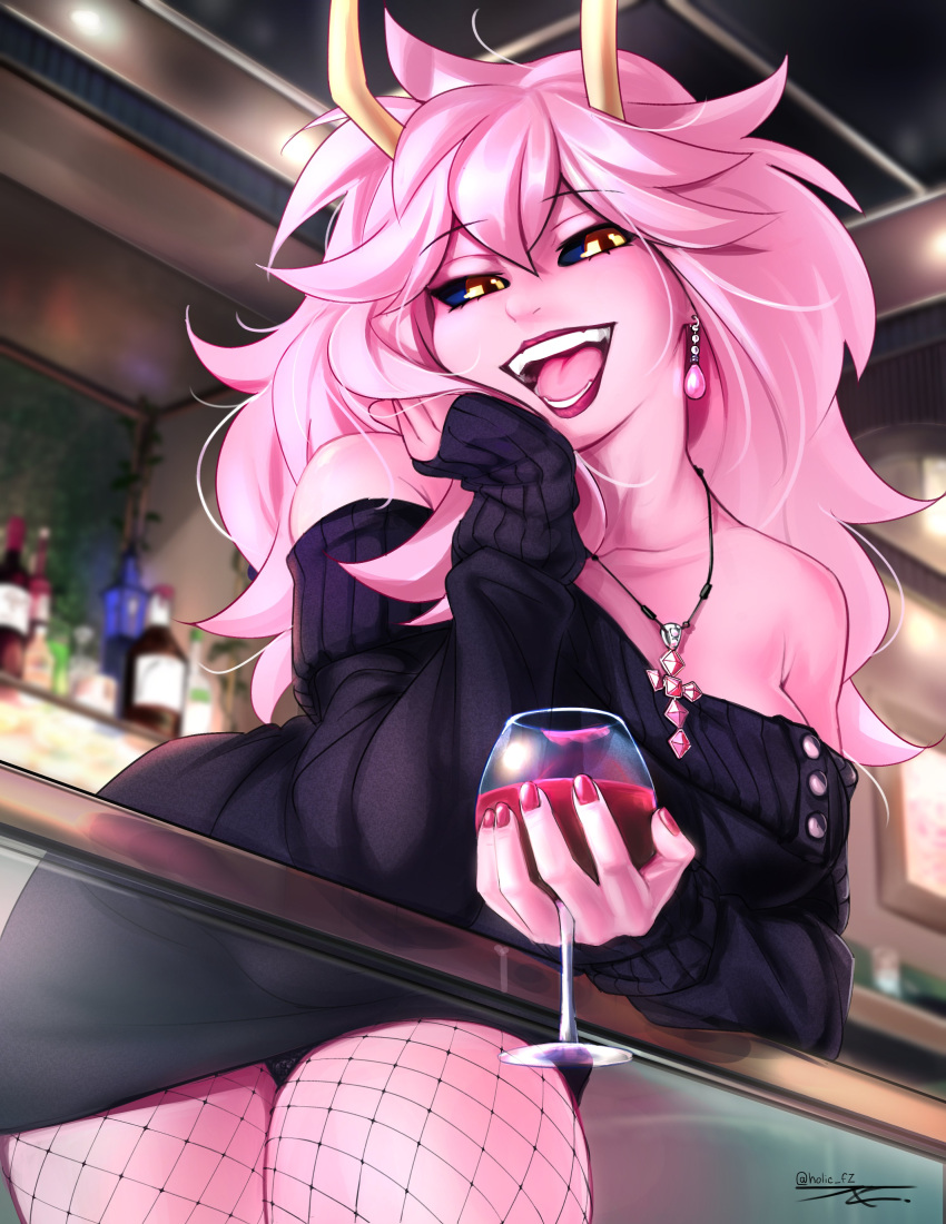 absurdres, alcohol, ashido_mina, bare_shoulders, black_panties, black_sclera, black_sweater, boku_no_hero_academia