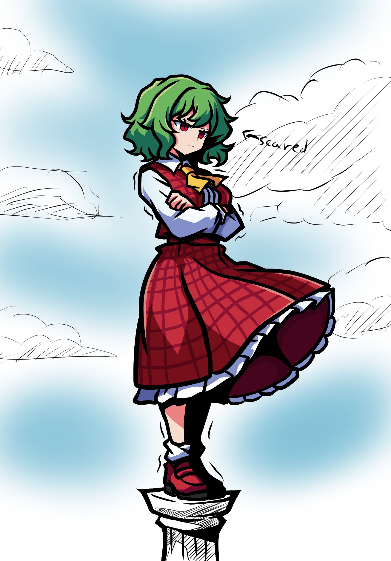 1girl, arianne20131, arrow_(symbol), ascot, clouds, collared_shirt, crossed_arms, english_commentary, english_text, frilled_skirt, frills, green_hair, highres, kazami_yuuka, long_sleeves, outdoors, pillar, plaid_clothes, plaid_skirt, plaid_vest, red_eyes, red_shoes, red_skirt, red_vest, shirt, shoes, short_hair, skirt, skirt_set, sky, socks, solo, standing, touhou, trembling, vest, white_shirt, white_socks, yellow_ascot