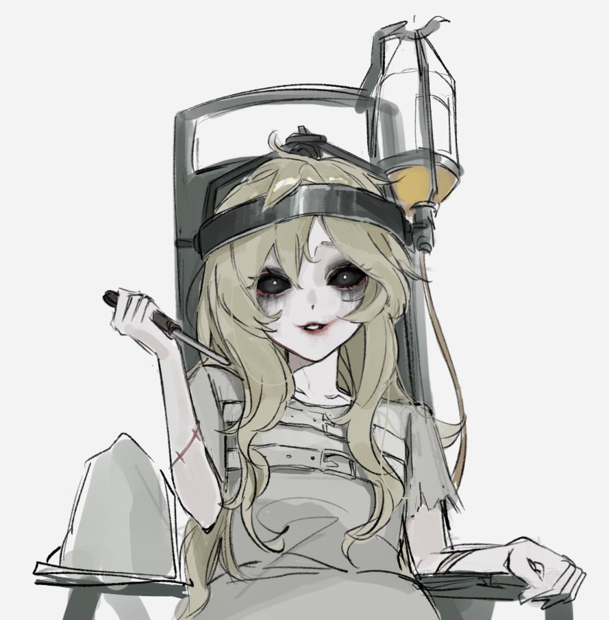 1girl, black_sclera, blonde_hair, bright_pupils, colored_sclera, colored_skin, dress, galatea_claude