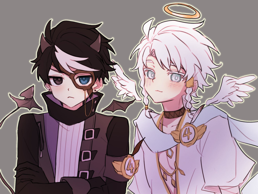 2boys, :<, :3, agatdg, angel_and_devil, angel_wings, black_choker, black_eyes