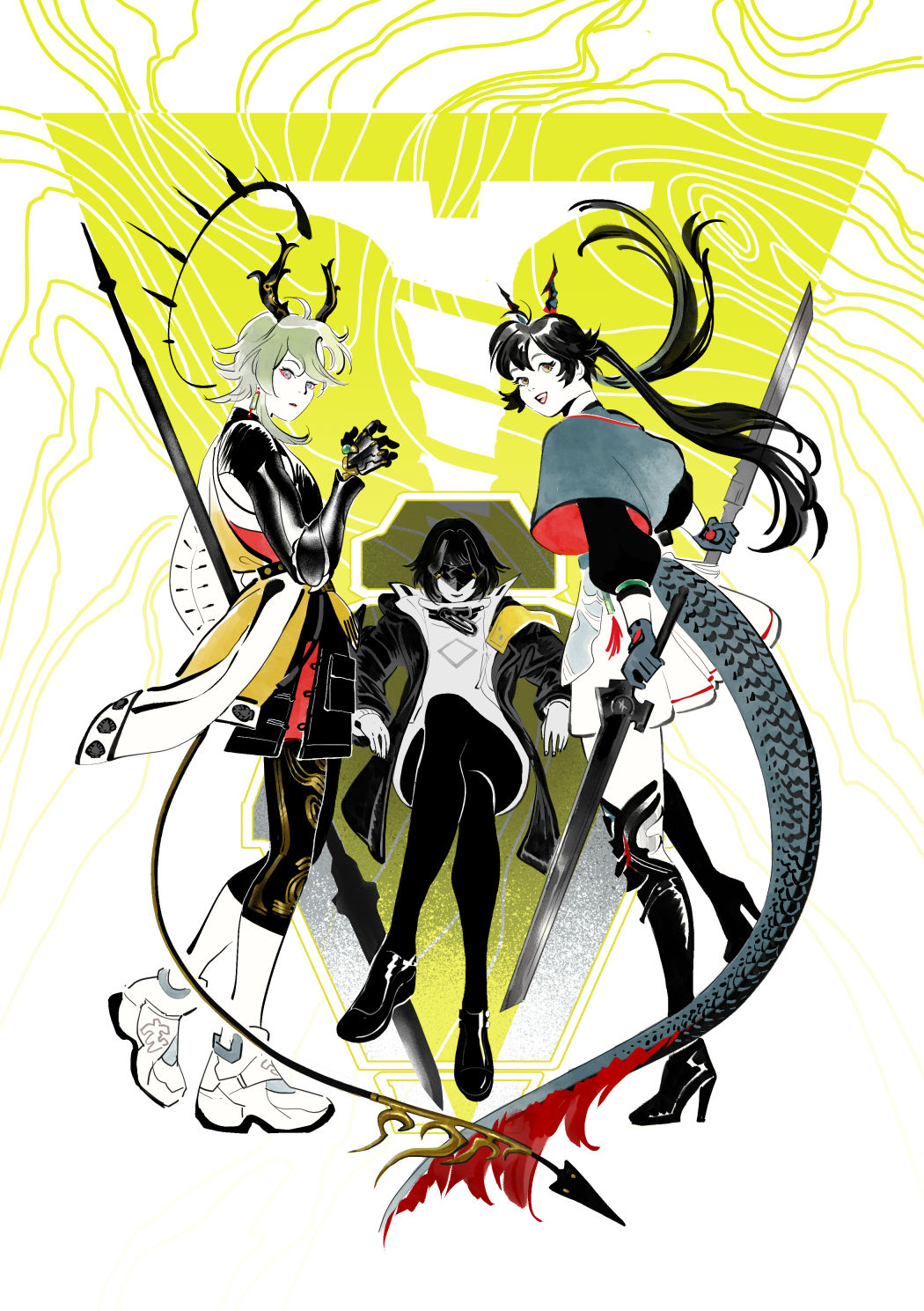 1boy, 2girls, ahoge, arknights, arknights:_endfield, black_boots, black_coat, black_hair