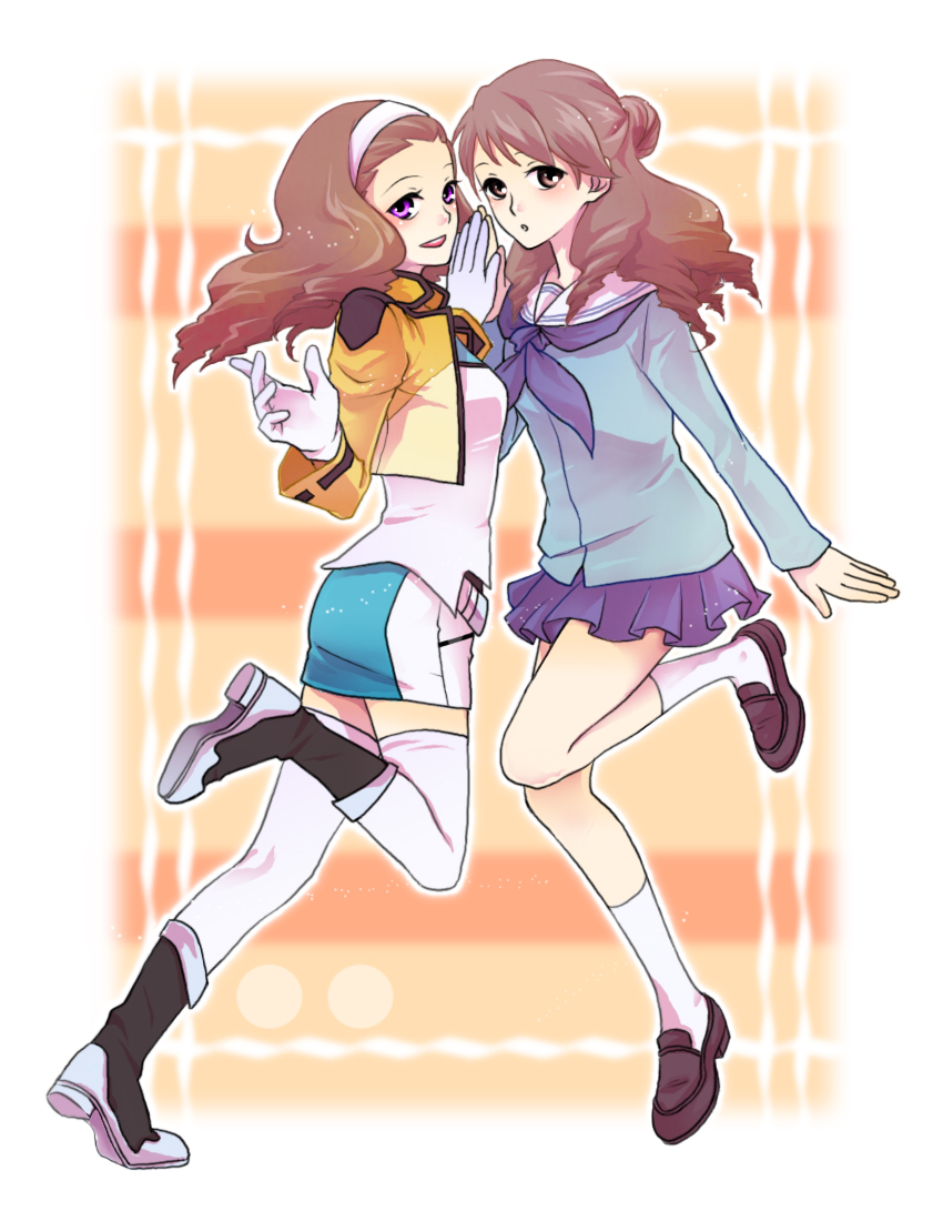 braid, brown_eyes, brown_hair, cardigan, drill_hair, gloves, green_eyes, gundam