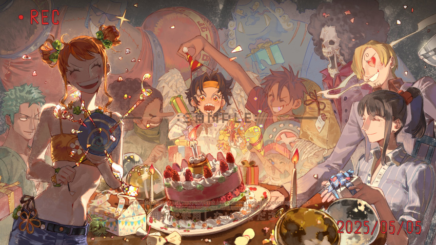 3girls, 6+boys, ^_^, absurdres, birthday_cake, black_hair, blush, brook_(one_piece)