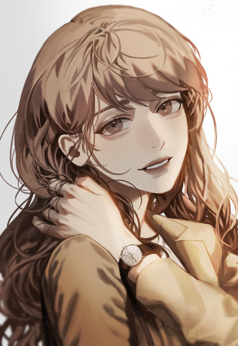 1girl, :d, aegyo_sal, blackbox_(blackbox9158), brown_coat, brown_eyes, brown_hair, coat