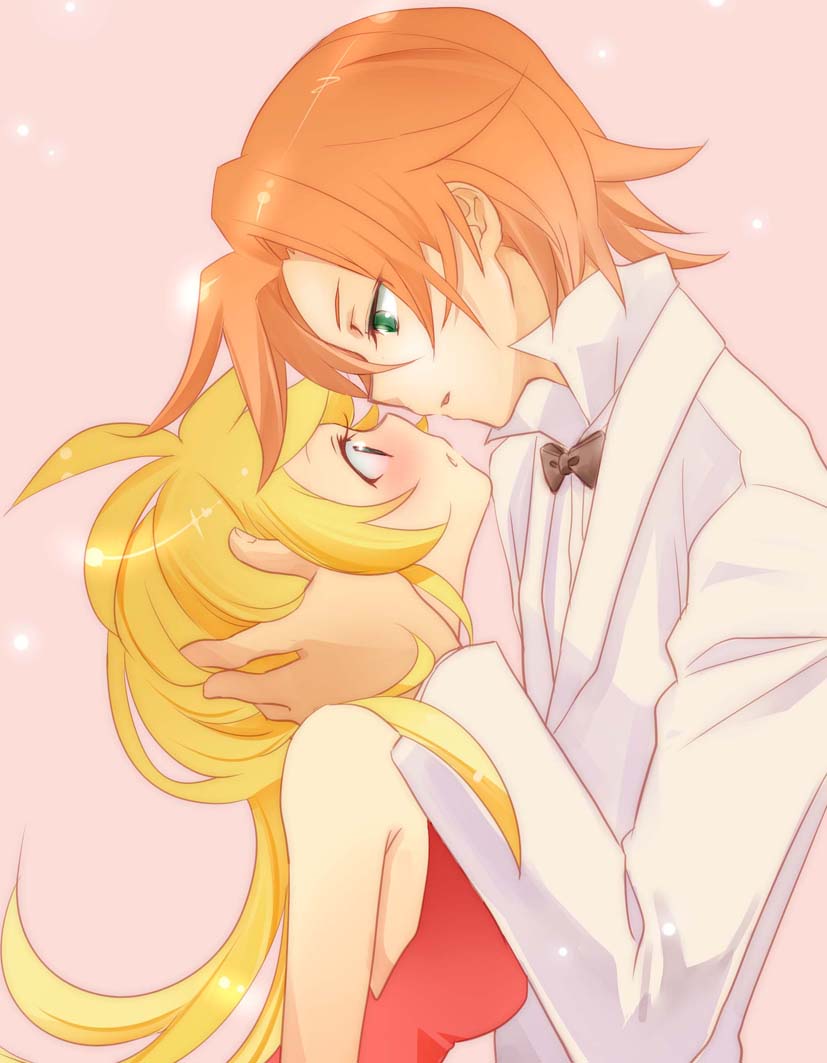 1girl, alternate_hairstyle, blonde_hair, blue_eyes, blush, brief_(character), brief_(psg), couple