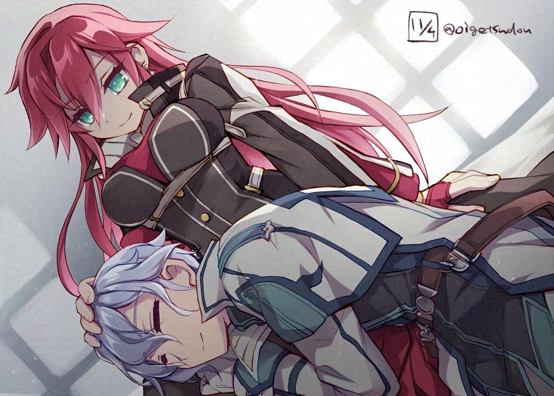 1boy, 1girl, celis_ortesia, coat, couple, eiyuu_densetsu, gloves, green_eyes, high_collar, kuro_no_kiseki_(series), lap_pillow, long_hair, oigetsudou_(byakuya_yuu), playing_with_another's_hair, red_gloves, red_hair, resting, rion_balthazar, simple_background