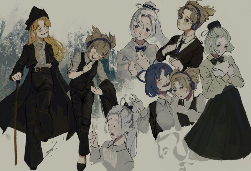 5girls, ^_^, adjusting_clothes, alternate_costume, belt, belt_buckle, black_belt, black_bow