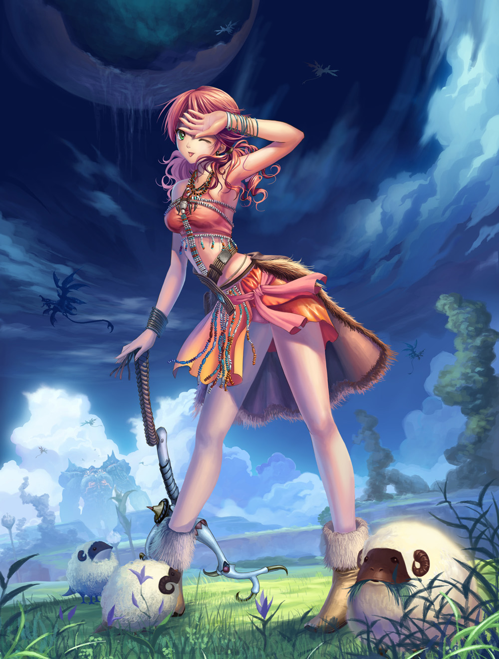 armpits, bare_legs, bracelet, breasts, cloud, clouds, crop_top, diamond_dust