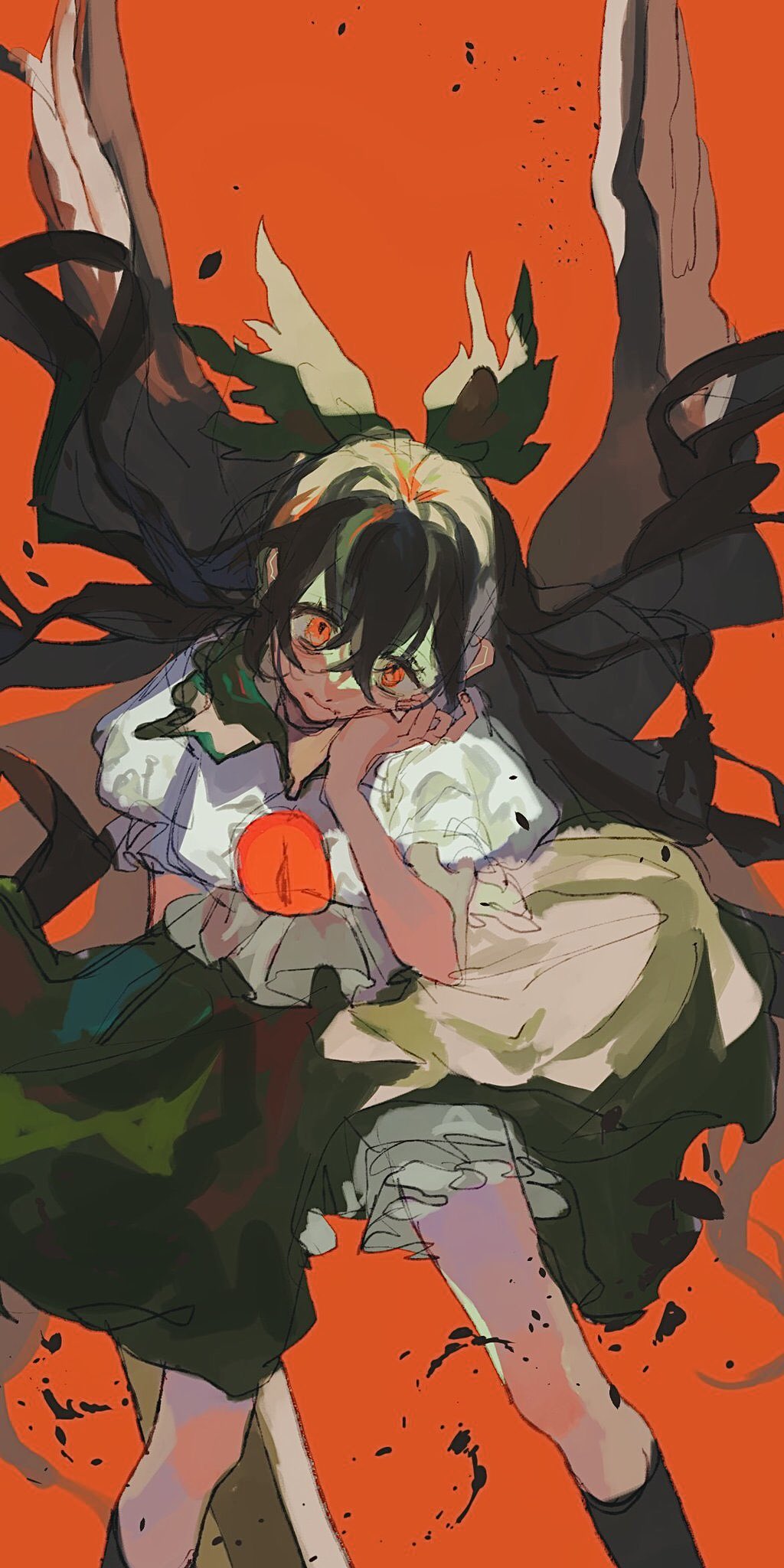1girl, arm_cannon, black_hair, black_wings, bow, closed_mouth, commentary_request, control_rod_(touhou)