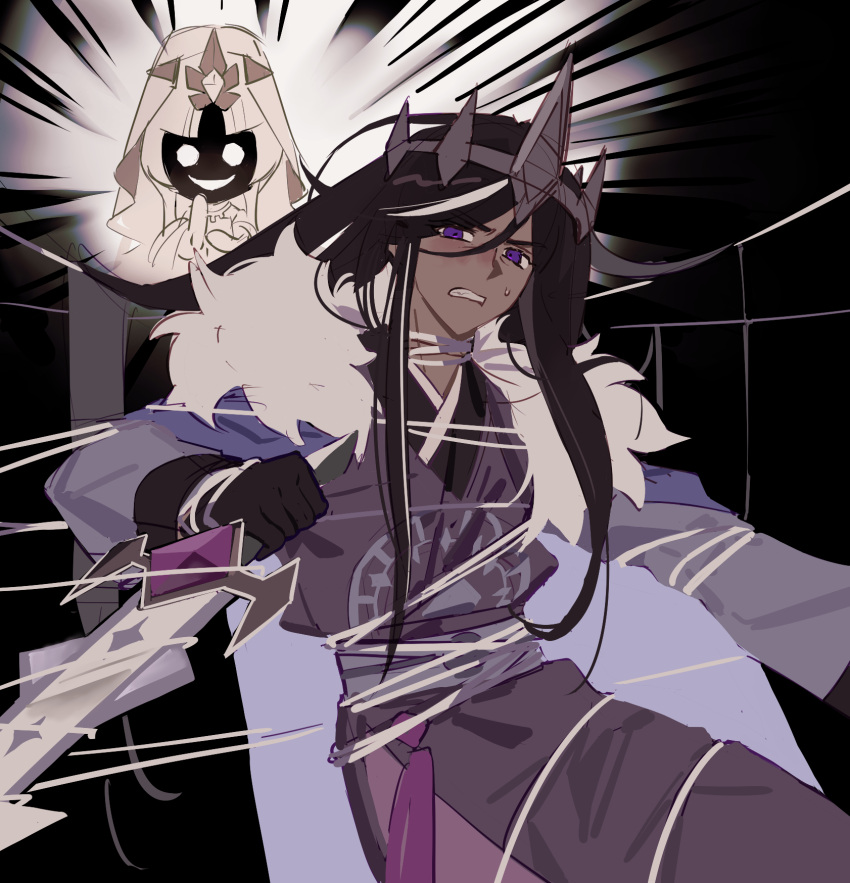 1boy, 1girl, :d, black_background, black_gloves, black_hair, black_kimono, blank_eyes