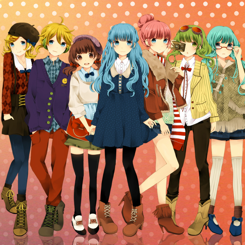aqua_eyes, aqua_hair, beret, bespectacled, blonde_hair, blue_eyes, blue_legwear, brown_eyes
