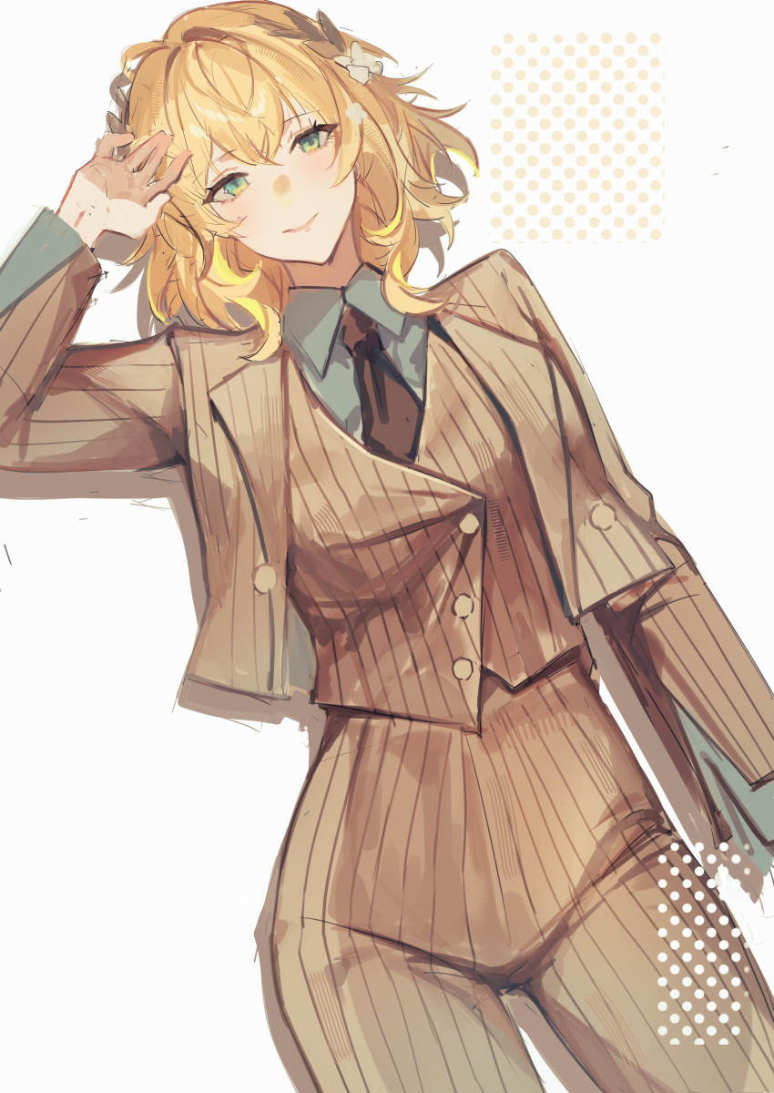 1girl, absurdres, aglaea_(honkai:_star_rail), alternate_costume, blonde_hair, bob_cut, buttons, coat
