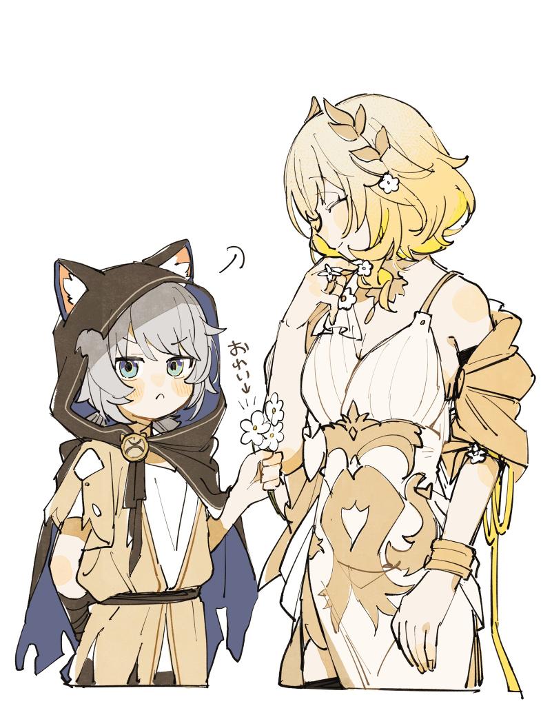 2girls, aglaea_(honkai:_star_rail), animal_ear_fluff, animal_ears, bare_shoulders, belt, blonde_hair, bracelet, cape, cat_ears, child, cipher_(honkai:_star_rail), cipher_(in_pursuit_of_the_wind)_(honkai:_star_rail), cloak, closed_eyes, commentary_request, dress, floral_print, flower, greco-roman_clothes, grey_hair, holding, holding_flower, honkai:_star_rail, honkai_(series), hood, hooded_cloak, jewelry, laurel_crown, mature_female, multiple_girls, nail_polish, nanase_(nanataroo_7), simple_background, smile, torn_cape, torn_clothes, white_dress