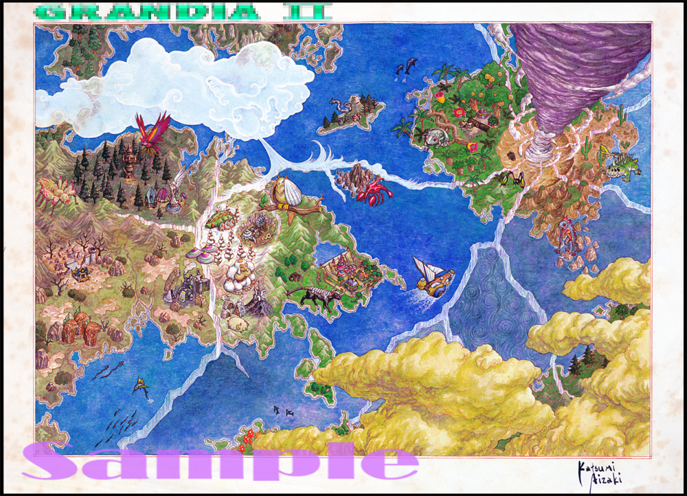 aizaki_katsumi, bird, boat, clouds, copyright_name, fish, grandia, grandia_ii, map, map_(object), monster, mountain, no_humans, ocean, official_art, spiral, swirl, tornado, town, tree, village, watercraft, world_map