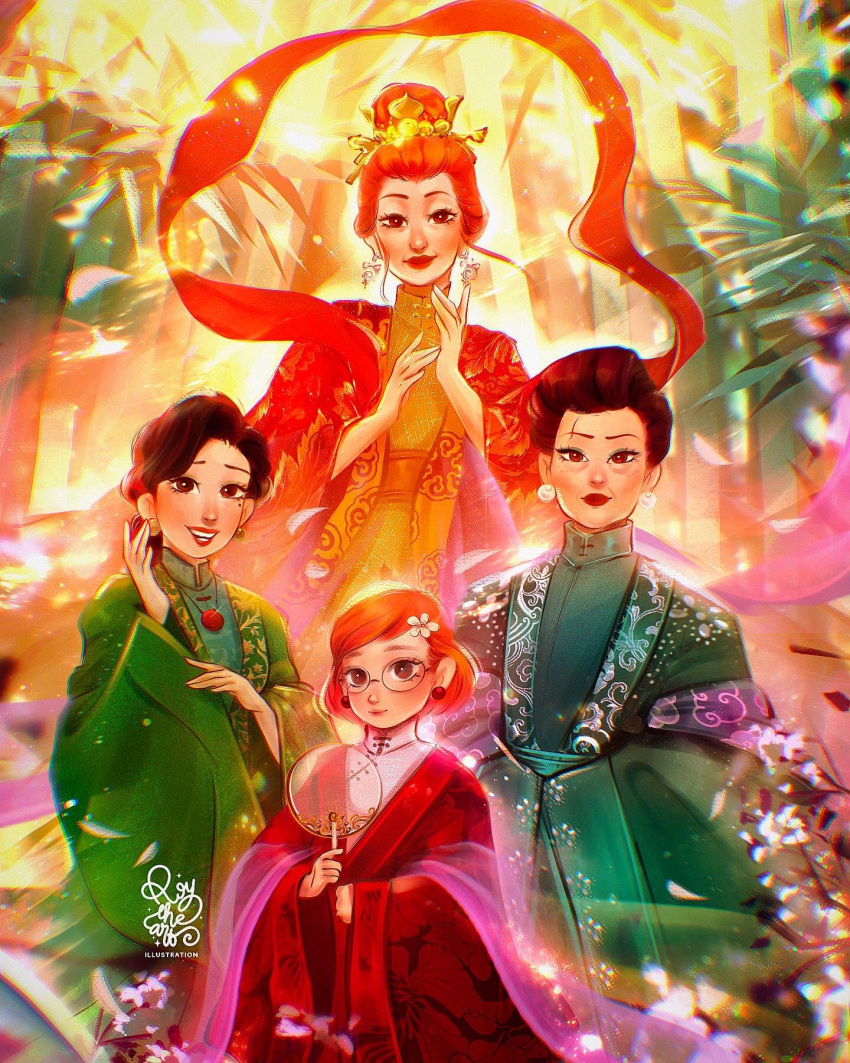 4girls, animification, brown_eyes, character_request, chinese_clothes, earrings, glasses, highres