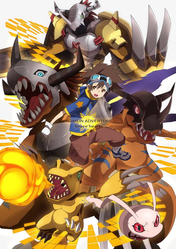 armor, brown_eyes, brown_hair, claws, digimon, digimon_adventure, fire, gloves, goggles, greymon, hajime_(hajime-ill-1st), helmet, koromon, metalgreymon, multiple_persona, wargreymon, yagami_taichi