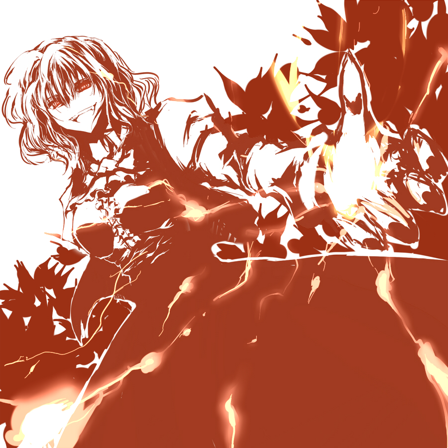 ascot, blush, breasts, evil_smile, flower, haji_(hajiko), kazami_yuuka, monochrome