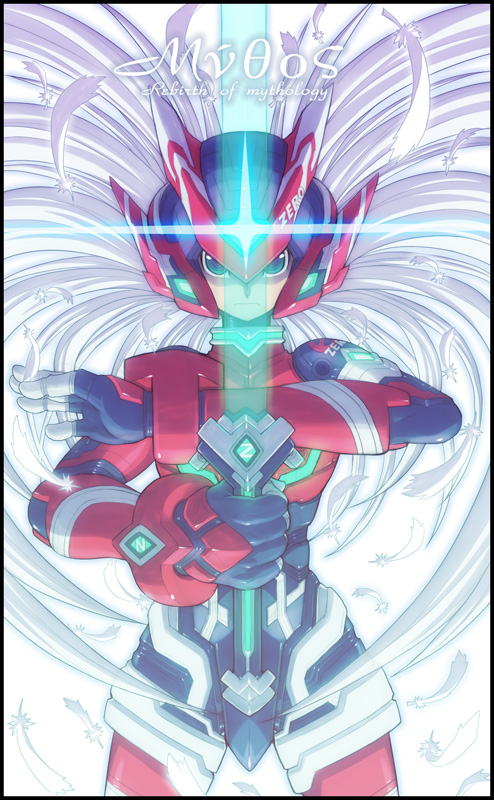 1boy, android, blue_eyes, energy_blade, feathers, gloves, go!, helmet, mega_man_(series), mega_man_zero_(series), rockman, rockman_zero, silver_hair, weapon, zero_(mega_man), zero_(rockman)