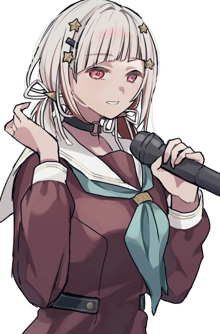 1girl, aqua_neckerchief, black_choker, brown_dress, choker, clenched_teeth, colored_inner_hair, diagonal_bangs, dress, hair_ornament, hair_ribbon, hairclip, hasu_no_sora_school_uniform, highres, holding, holding_microphone, lilac_(li_lac_3), link!_like!_love_live!, long_sleeves, love_live!, low_twintails, medium_hair, microphone, multicolored_hair, neckerchief, o-ring, o-ring_choker, official_alternate_hairstyle, on_your_mark_(love_live!), pink_eyes, red_hair, ribbon, sailor_collar, sailor_dress, school_uniform, short_twintails, simple_background, solo, star_(symbol), star_hair_ornament, streaked_hair, teeth, triangle_hair_ornament, twintails, upper_body, virtual_youtuber, white_background, white_hair, white_ribbon, white_sailor_collar, winter_uniform, yugiri_tsuzuri