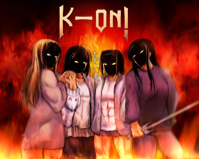 4girls, akiyama_mio, black_hair, blonde_hair, brown_hair, fire, hirasawa_yui, k-on!, kaiga, kotobuki_tsumugi, lineup, manowar, metal, multiple_girls, pantyhose, parody, sword, tainaka_ritsu, weapon