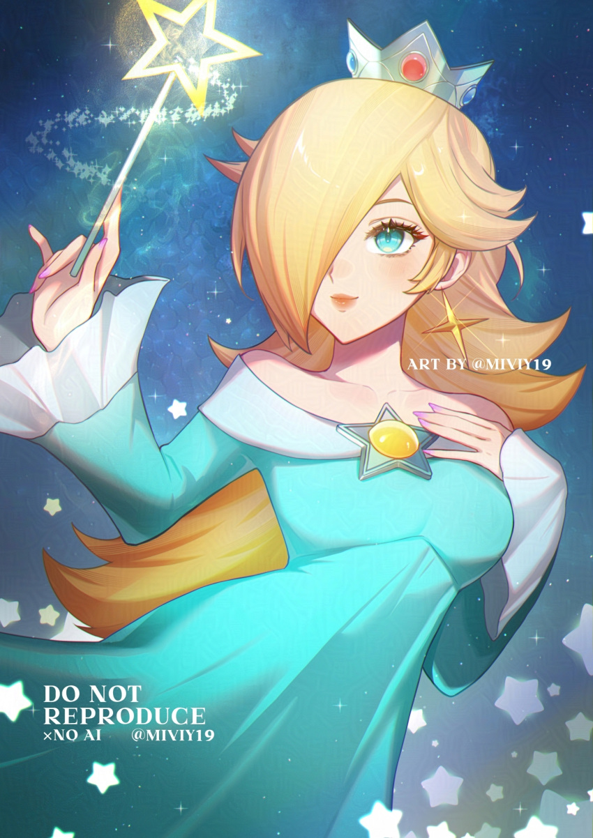 1girl, bare_shoulders, blonde_hair, blue_dress, blue_eyes, brooch, closed_mouth, collarbone