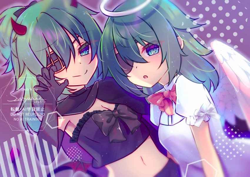 2girls, angel_and_devil, angel_wings, black_gloves, blue_eyes, demon_horns, demon_tail, dress