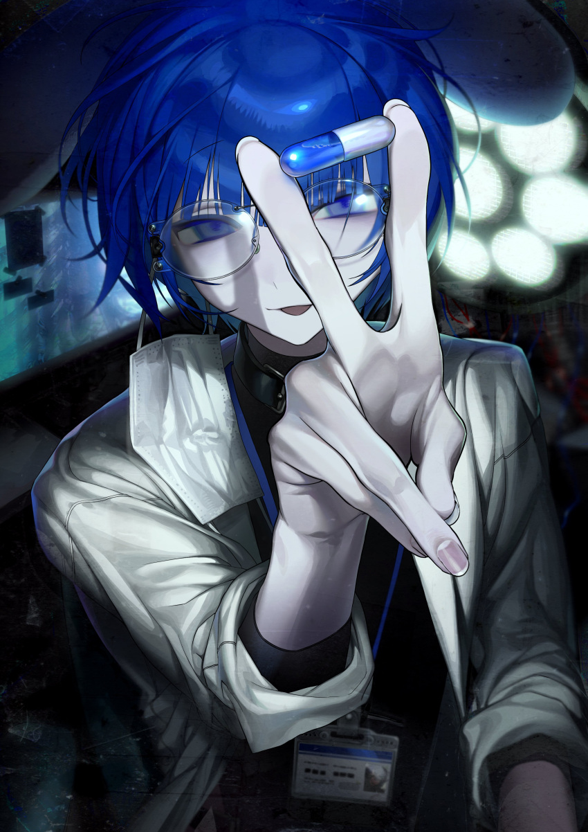 1girl, absurdres, black_collar, black_sweater, blue_eyes, blue_hair, blunt_bangs, coat