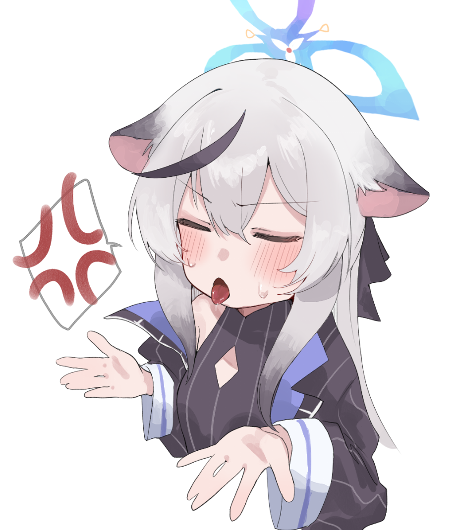 1girl, anger_vein, animal_ears, black_hair, black_jacket, blue_archive, blue_halo, blush