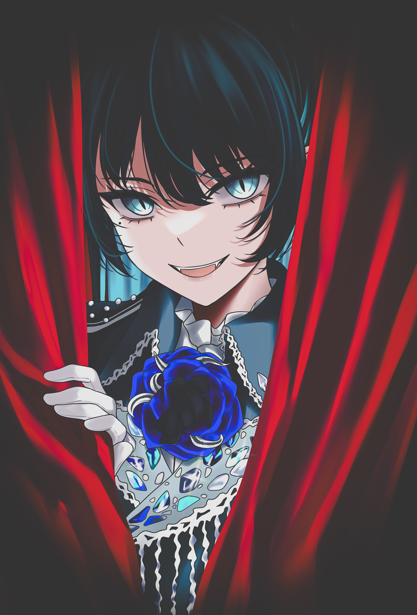 1girl, ado_(utaite), black_hair, blue_eyes, blue_flower, blue_hair, blue_rose, chando_(ado)