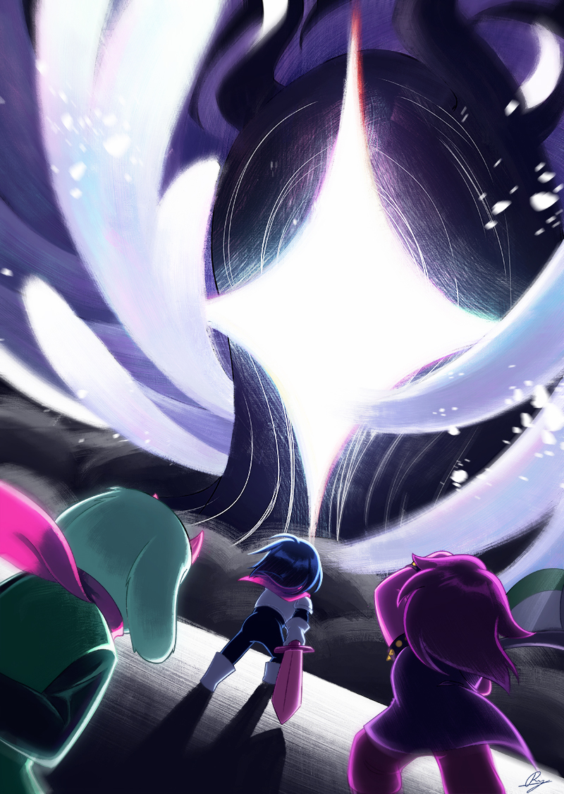 1boy, 1girl, 2others, angel_wings, armlet, armor, arms_behind_back, axe