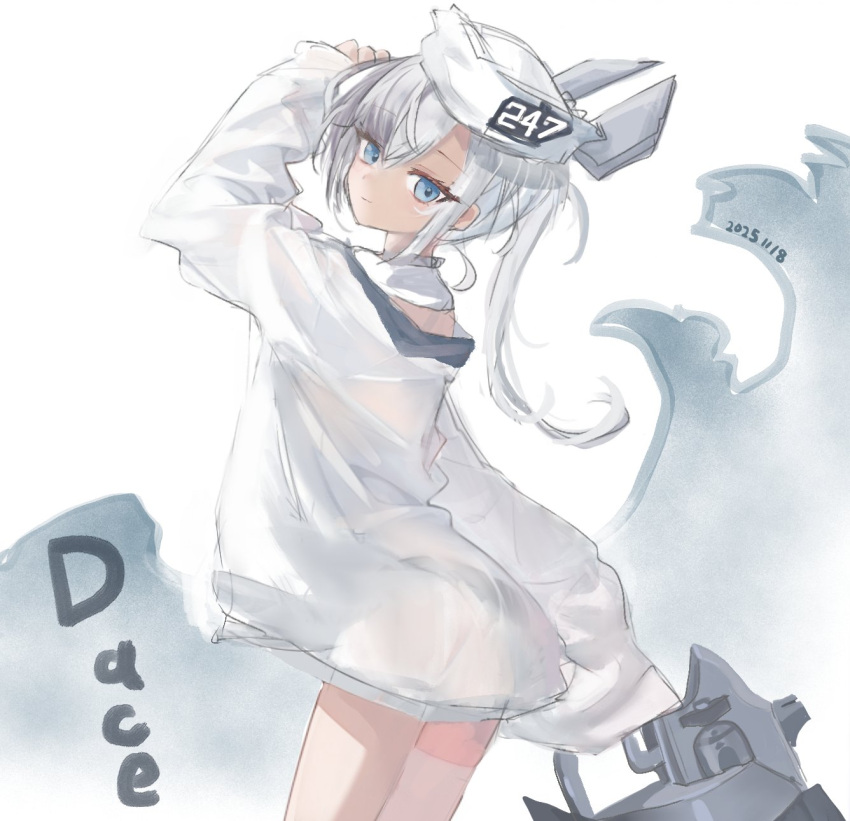 1girl, character_name, dace_(kancolle), daizeroyuugekibutai, dixie_cup_hat, from_behind, grey_eyes, grey_hair