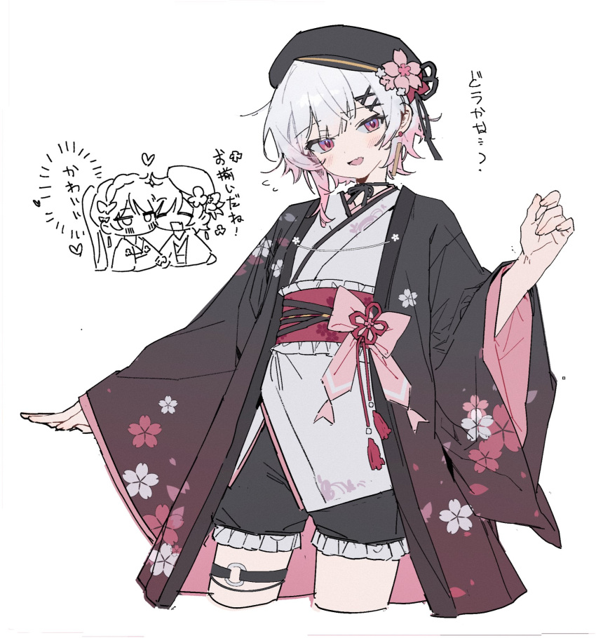 1girl, adapted_costume, alternate_costume, beret, bow, cherry_blossoms, commentary_request, cowboy_shot