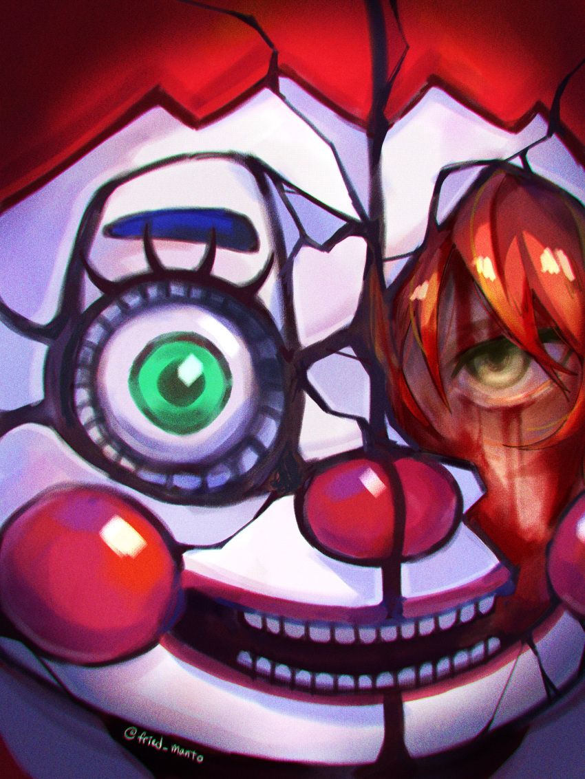 2girls, animatronic, blood, blush_stickers, circus_baby_(fnaf), clown_nose, commentary, cracked_kawaii_mask