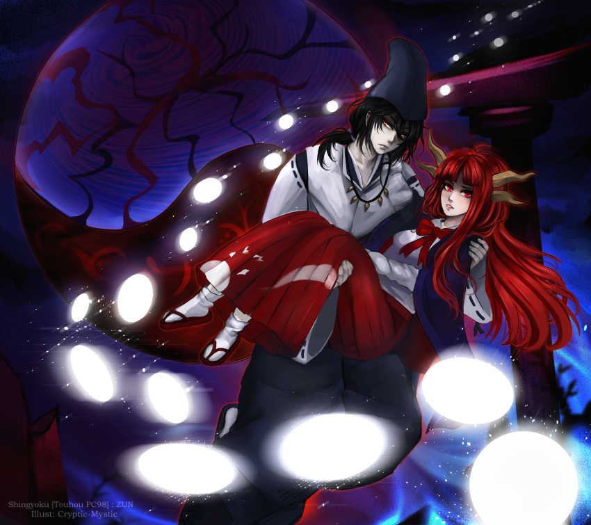 1boy, 1girl, black_hair, cape, carrying, cryptmyst, english_commentary, full_body