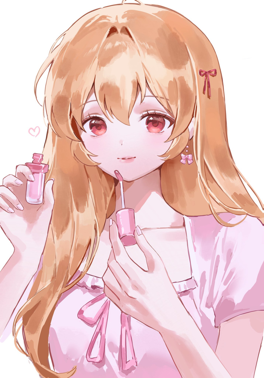 1girl, aeri_(aerikatsu), aikatsu!, aikatsu!_(series), applying_lipstick, applying_makeup, blonde_hair, cosmetics, hair_ribbon, highres, holding, holding_lipstick_tube, hoshimiya_ichigo, lipstick, lipstick_tube, long_hair, looking_at_viewer, makeup, neck_ribbon, parted_lips, pink_lips, pink_ribbon, red_eyes, ribbon, simple_background, smile, solo, upper_body, white_background