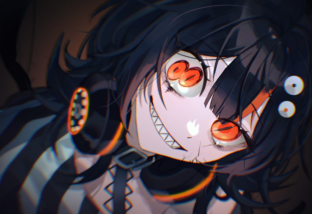 1girl, animal_ears, black_collar, black_hair, chromatic_aberration, collar, cracked_skin, dark_persona, extra_pupils, fake_animal_ears, grin, hashtag-only_commentary, headphones, looking_at_viewer, mahou_shoujo_no_majo_saiban, multicolored_hair, orange_eyes, sawatari_coco, shan_(shan_29387473), sharp_teeth, slit_pupils, smile, solo, spoilers, streaked_hair, teeth, upper_body, witch_(manosaba)
