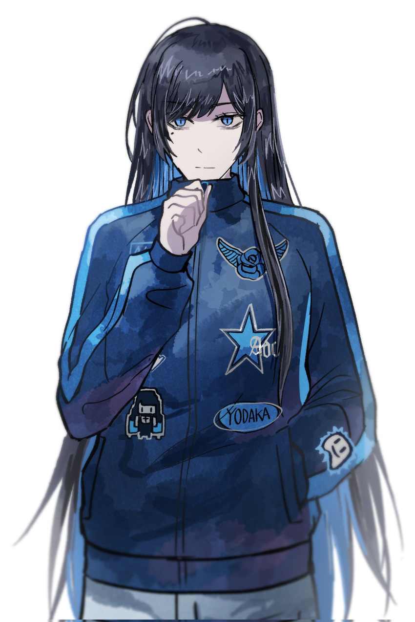 1girl, ado_(utaite), black_hair, blue_eyes, blue_hair, blue_jacket, chando_(ado), colored_inner_hair