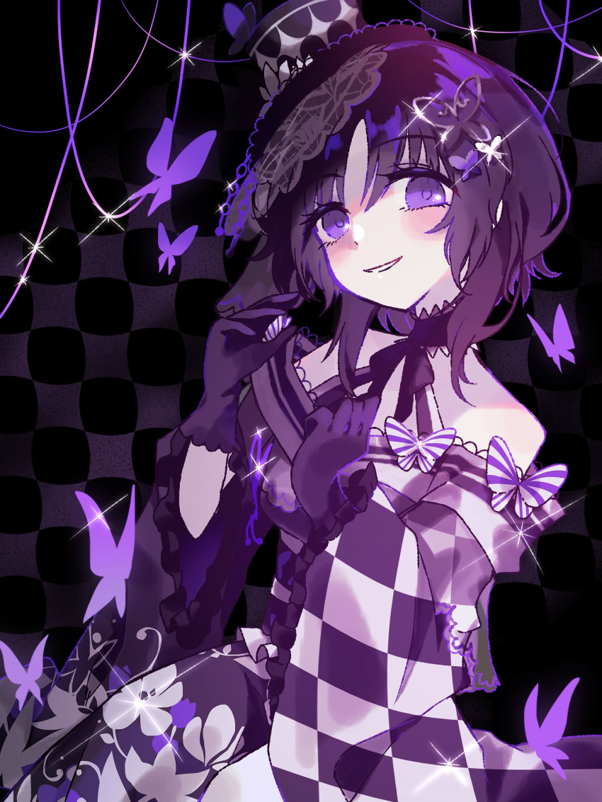 1girl, bare_shoulders, black_background, black_gloves, black_hair, black_hat, black_kimono, bug, butterfly, butterfly_hair_ornament, checkered_sleeves, flower, gloves, hair_ornament, hands_up, hat, hat_flower, highres, housho_margo, japanese_clothes, kimono, lolita_fashion, long_sleeves, looking_at_viewer, mahou_shoujo_no_majo_saiban, mini_hat, mini_top_hat, otomebakudan, parted_bangs, purple_butterfly, short_hair, smile, solo, top_hat, violet_eyes, wa_lolita