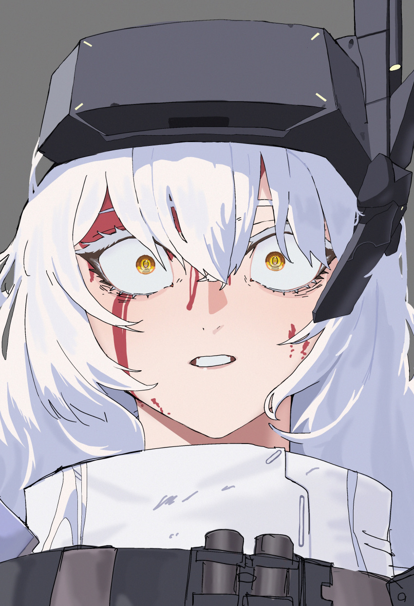 1girl, absurdres, barabara_49, blood, blood_on_face, cloak, constricted_pupils, goddess_of_victory:_nikke, head-mounted_display, highres, long_hair, looking_at_viewer, open_mouth, portrait, simple_background, snow_white_(nikke), solo, surprised, visor_(armor), visor_lift, white_background, white_cloak, white_hair, wide-eyed, yellow_eyes