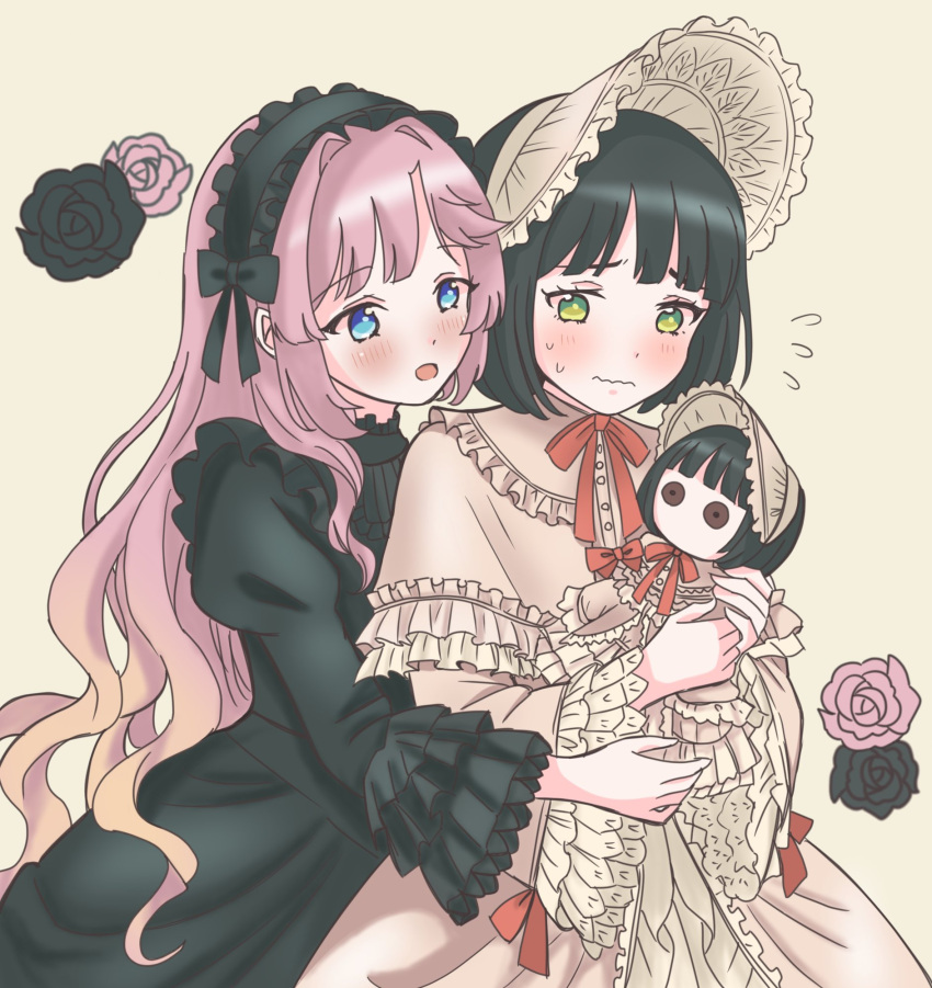 2girls, anyoji_hime, black_dress, black_flower, black_hair, black_hairband, black_rose, blonde_hair, blue_eyes, blush, bob_cut, bonnet, brown_dress, character_doll, commentary_request, doll, dress, flower, frilled_bonnet, frilled_sleeves, frills, gothic_lolita, gradient_hair, green_eyes, hairband, highres, hug, hug_from_behind, juliet_sleeves, link!_like!_love_live!, lolita_fashion, lolita_hairband, long_hair, long_sleeves, love_live!, momose_ginko, multicolored_hair, multiple_girls, neck_ribbon, nervous_sweating, official_alternate_costume, pink_flower, pink_hair, pink_rose, poupee_en_lotus_(love_live!), puffy_sleeves, pukupuku_(puku_shiohime), raised_inner_eyebrows, red_ribbon, ribbon, rose, short_hair, sweat, sweet_lolita, very_long_hair, virtual_youtuber, wavy_mouth, white_bonnet, yuri