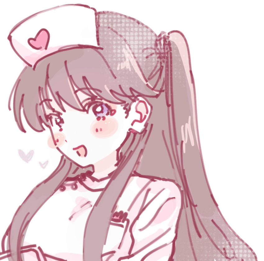 1girl, :d, brown_hair, commentary_request, dress, fujishima_megumi, hat, heart, highres, link!_like!_love_live!, long_hair, looking_at_viewer, love_live!, naru_(ippan_people1), nurse, nurse_cap, open_mouth, simple_background, sketch, smile, solo, two_side_up, upper_body, violet_eyes, virtual_youtuber, white_background, white_dress, white_hat