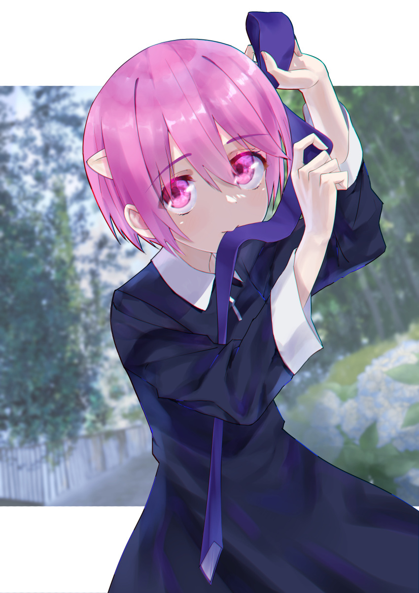 1girl, absurdres, black_dress, blurry, blurry_background, contrast_collar, dress, elfen_lied