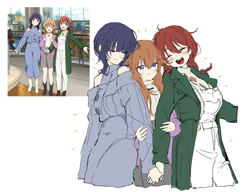 3girls, absurdres, arm_hug, asaka_karin, bananahaemeog, bare_shoulders, blue_dress, blue_hair