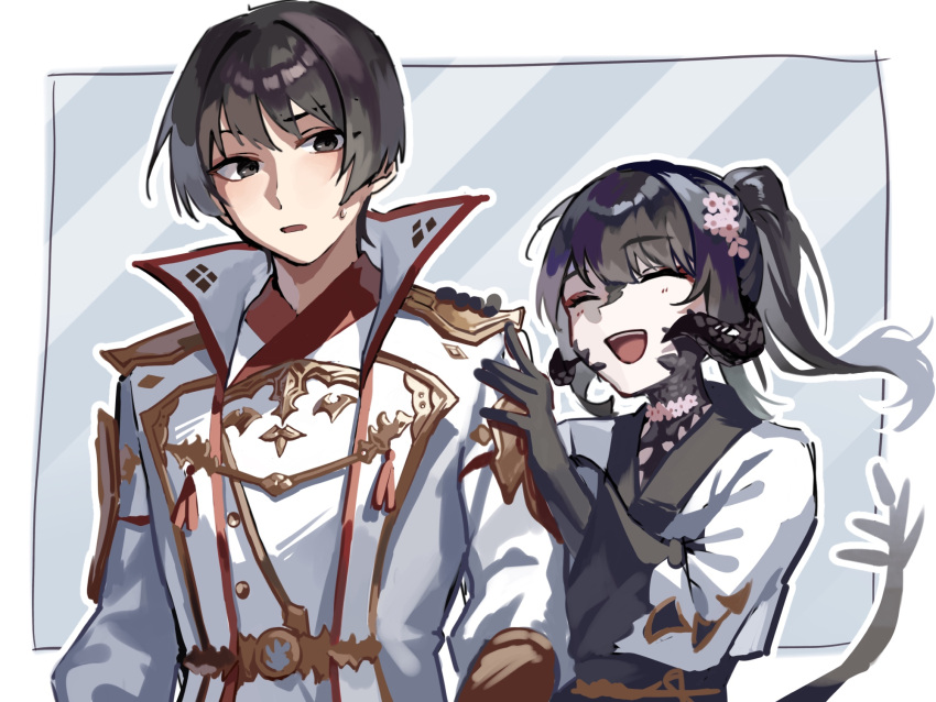 1boy, 1other, armor, asahi_sas_brutus, au_ra, black_hair, black_horns, black_scales